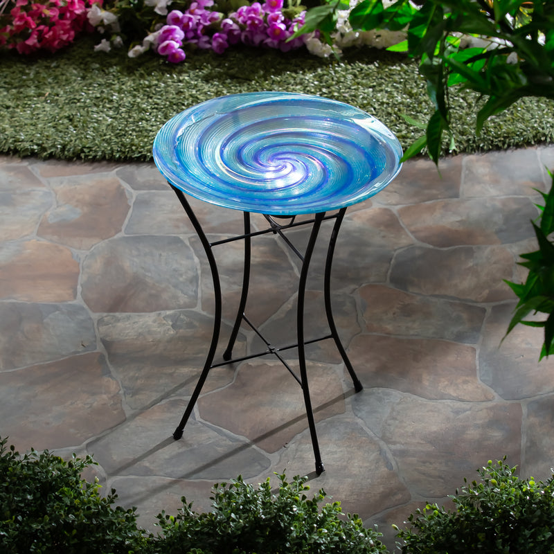 15" Swirl Glass Bird Bath with Solar Stand, Blue,zkr2sp7193ec