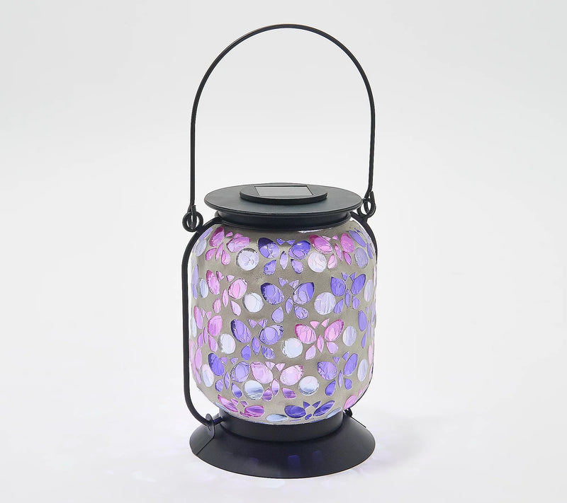 LED 10"H Mosaic Glass Lantern with shepherd hook, Butterfly,4.92"x5.91"x36.5"inches