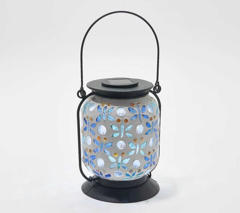 LED 10"H Mosaic Glass Lantern with shepherd hook, Dragonfly,4.92"x5.91"x36.5"inches